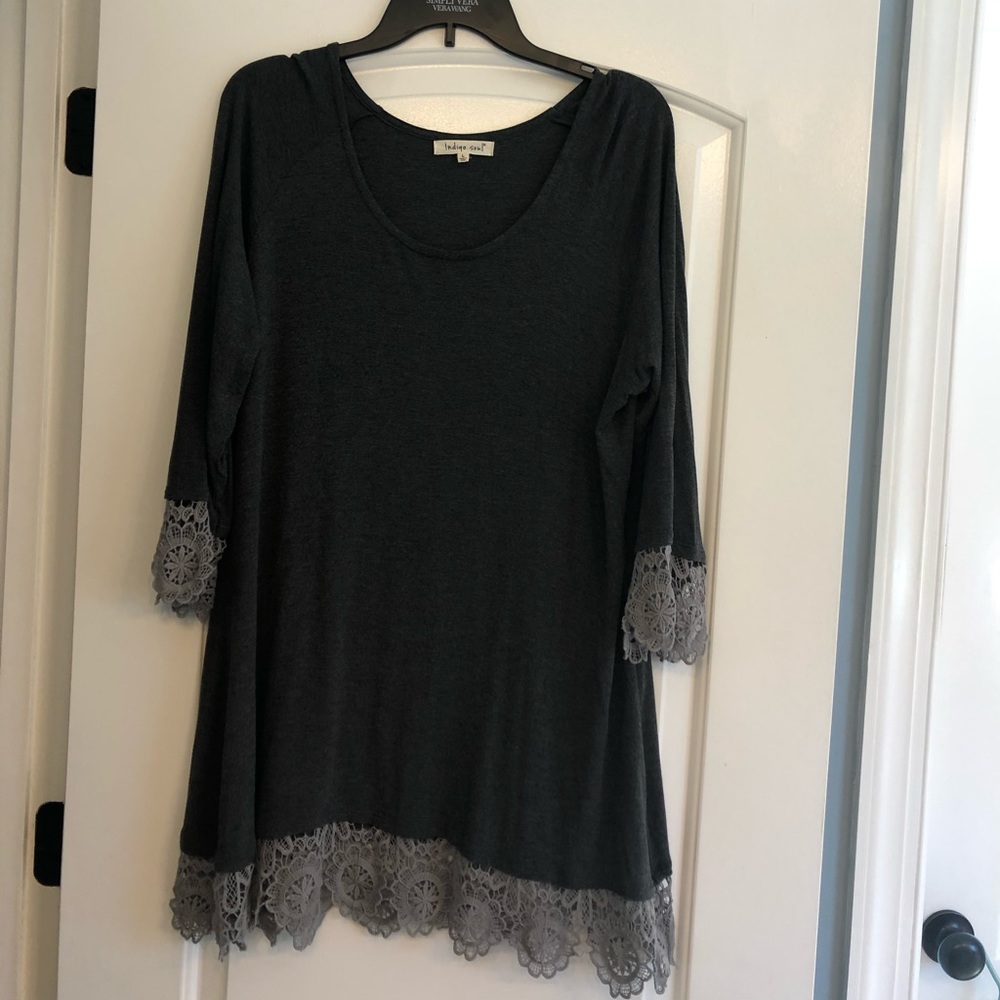 Indigo Soul charcoal gray and lace top